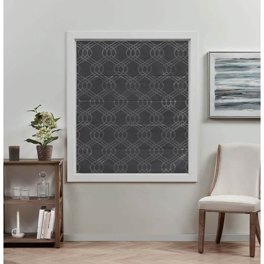 Gray Cordless Blackout Roman Shade with Woven Jacquard Pattern