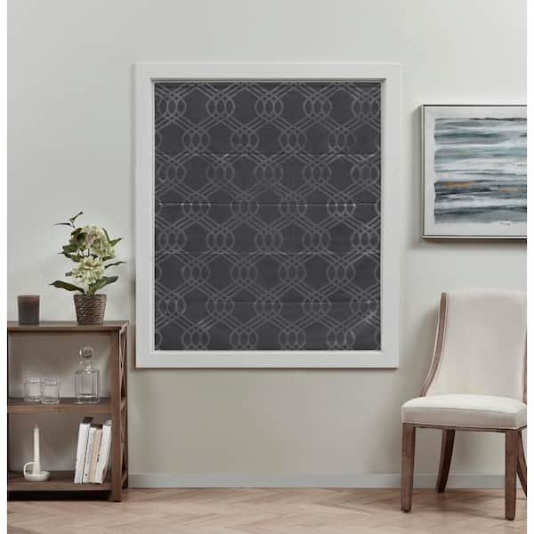Prague Trellis Grey Cordless Total Blackout Roman Shade 31 in. W x 64 in. L