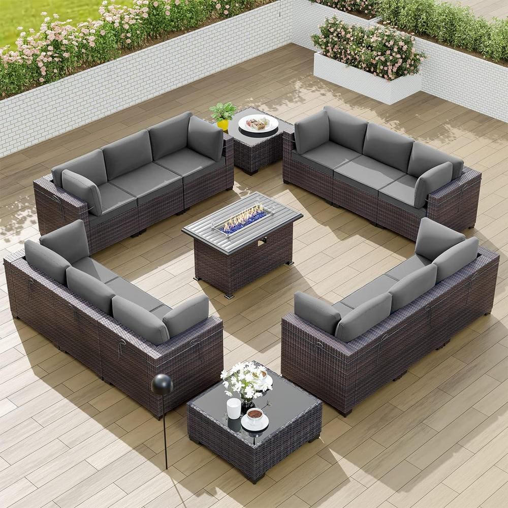Halmuz 15-Piece Wicker Patio Conversation Set with 55000 BTU Gas Fire Pit Table and Glass Coffee Table and Grey Cushions