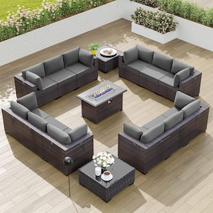 15-Piece Wicker Patio Conversation Set with 55000 BTU Gas Fire Pit Table and Glass Coffee Table and Grey Cushions