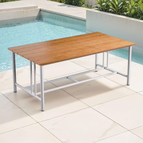 Minimalism Metal Outdoor Coffee Table with Full Plastic Wood Grain Tabletop