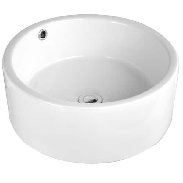 Eisen Home Sutherland Ceramic Round Vessel Bathroom Sink with Overflow and Pop Up Drain in White