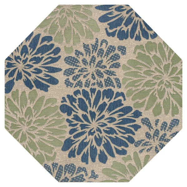 Zinnia Modern Floral Textured Weave Navy/Green 8 ft. Octagon Indoor/Outdoor Area Rug
