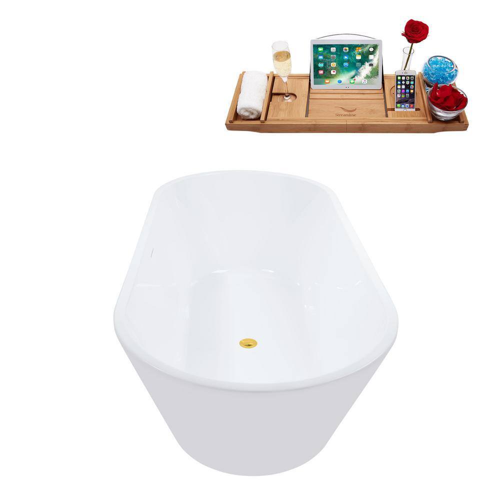 70'' White Acrylic Freestanding Soaking Bathtub with Gold Hardware