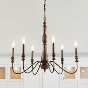 6-Light Brown Victoria 29 in. Rustic Midcentury Iron LED Chandelier