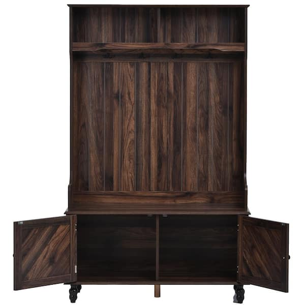 Unbranded 40 in. W x 17.7 in. D x 64.2 in. H Brown Linen Cabinet Hall Tree with 4 Hooks Storage Bench for Entrance, Hallway