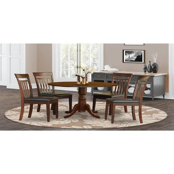 East West Furniture 5-Piece Round Mahogany Finish Solid Wood Top Dining table with 4 Chairs with Drop Leaf Lattice Back