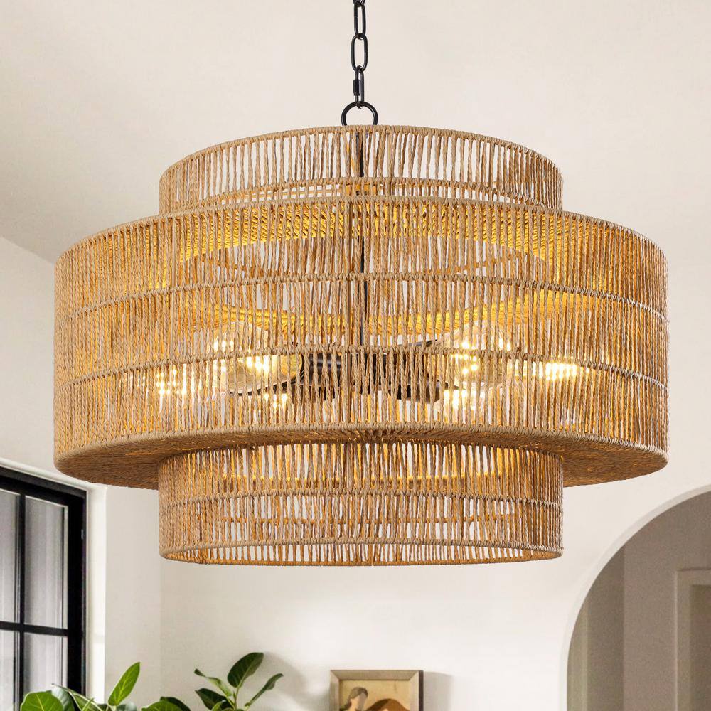 23.6" Large Rattan Chandelier - 6-Light Hand-Woven Boho Farmhouse Pendant Light For Dining Room, Kitchen, Living Room