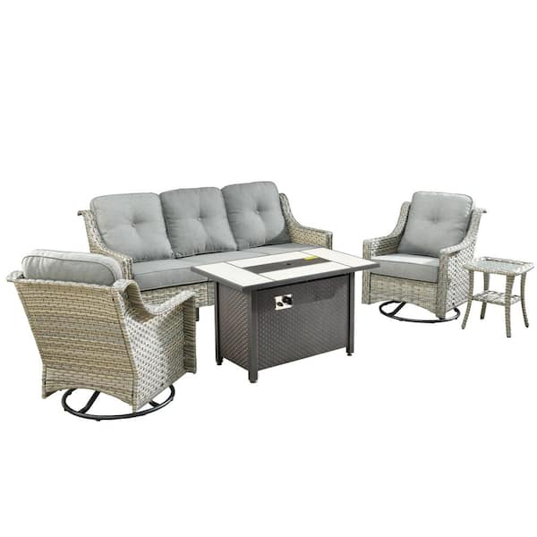 Verona 5-Piece Wicker Outdoor Patio Conversation Sofa Seating Furniture Set with a Fire Pit and Dark Grey Cushions