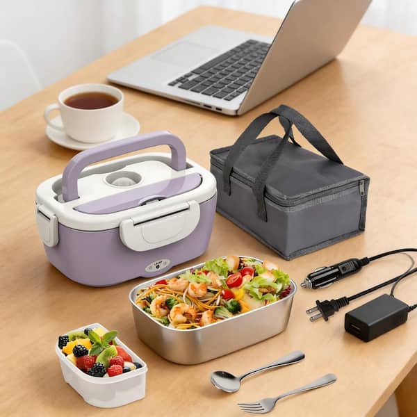 4 Piece 80-Watt Heat Resistant Leak Proof 3-in-1 Electric Heated Lunch Box Set 1.5 L Stainless Steel Container in Purple