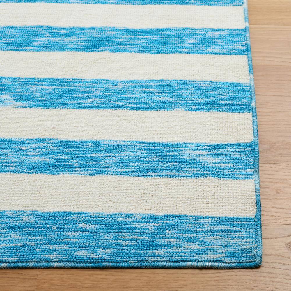 Blue and Ivory Striped Synthetic 4' x 6' Washable Rug