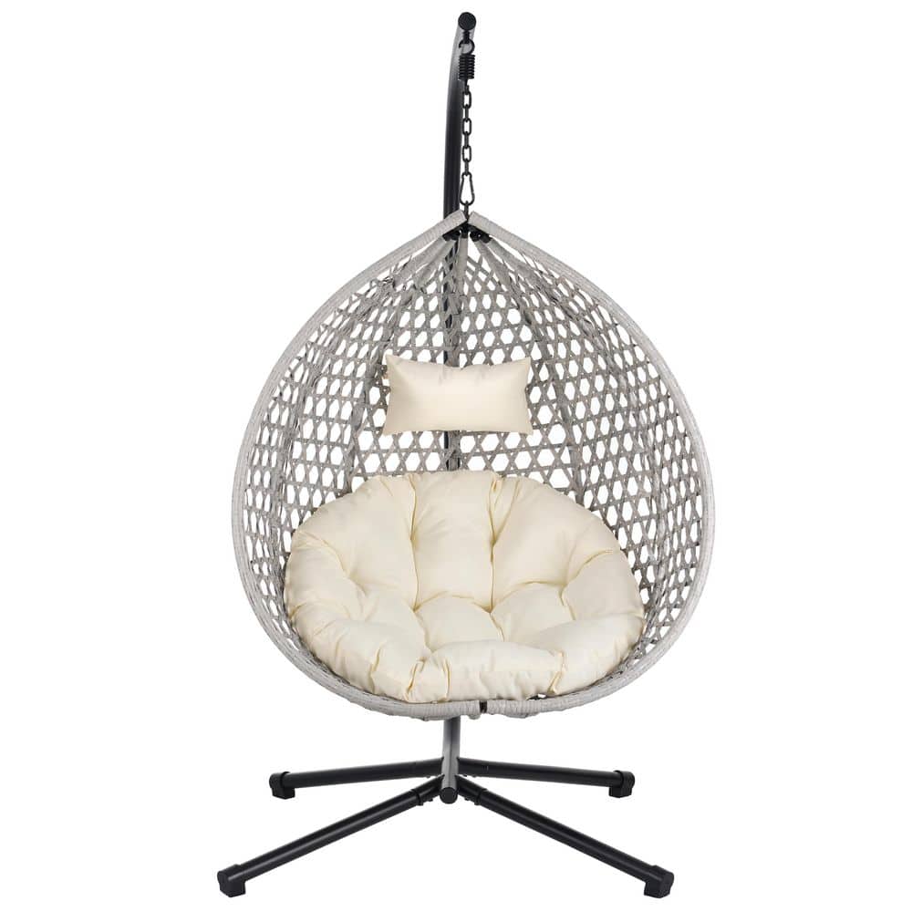 Metal Gray Frame Outdoor Porch Swing Hanging Egg Chair with Beige Cushion f