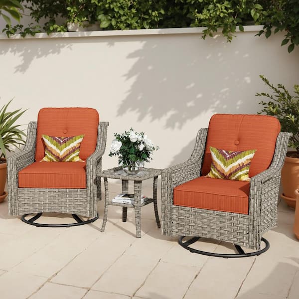 Toject Eureka Grey 3-Piece Wicker Outdoor Patio Conversation Swivel Rocking Chair Seating Set with Orange Red Cushions