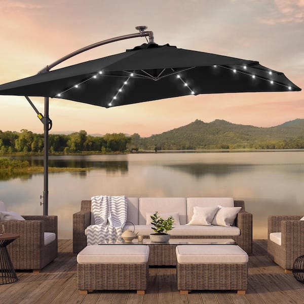 8.2 ft. Solar LED Steel Pole and Ribs Square Outdoor Cantilever Offset Hanging Patio Umbrellas in Black