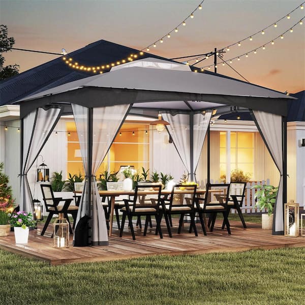 10 ft. x 12 ft. 2-Tier Grey Patio Gazebo Canopy Netting Heavy-Duty Metal Easy-Setup Outdoor
