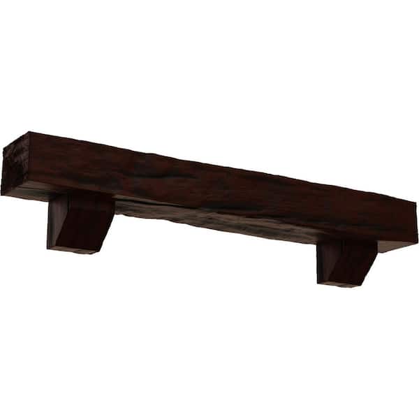 Ekena Millwork 4 in. x 6 in. x 5 ft. Riverwood Faux Wood Beam Fireplace Mantel Kit, Ashford Corbels in Natural Pecan