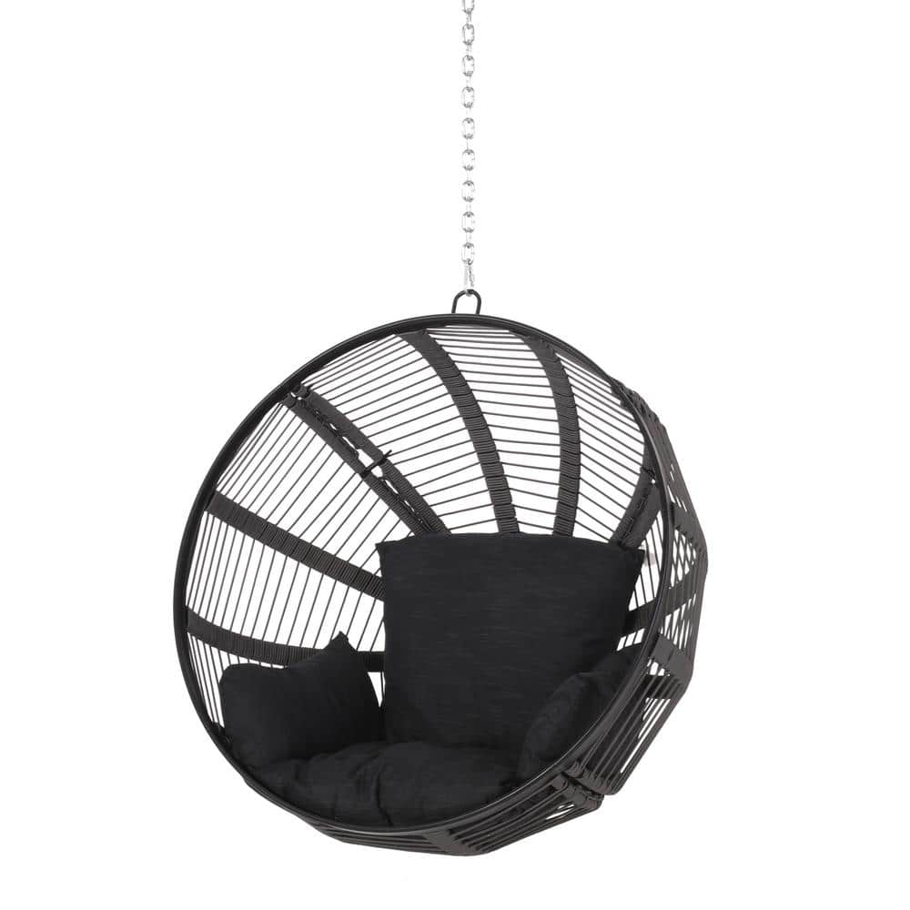 Noble House Leaverton 42 in. Black Rope Hanging Basket Chair with Gray