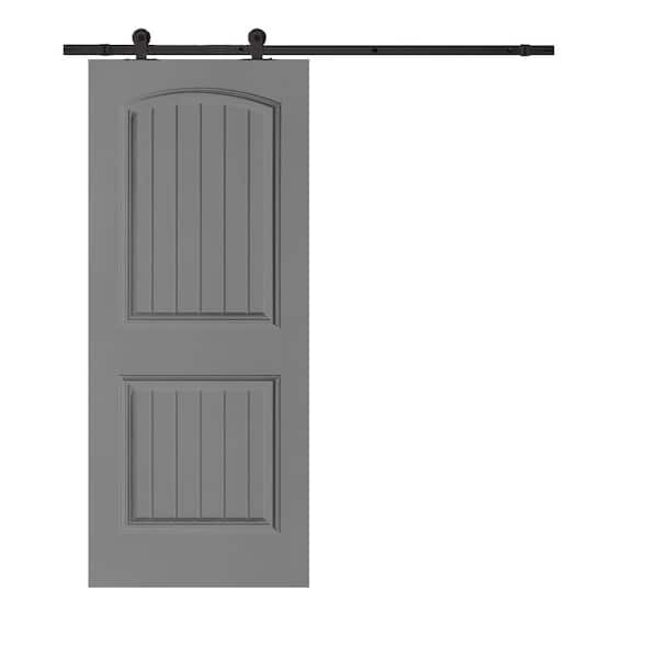 CALHOME Elegant Series 36 in. x 80 in. Light Gray Stained Composite MDF 2 Panel Camber Top Sliding Barn Door with Hardware Kit