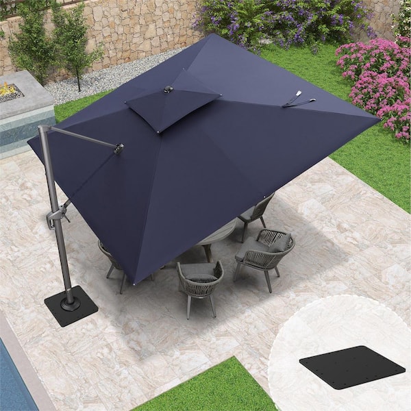PURPLE LEAF 11 sq. ft. 2-Tier Aluminum Cantilever 360° Rotation Patio Umbrella with Base Plate, Navy Blue