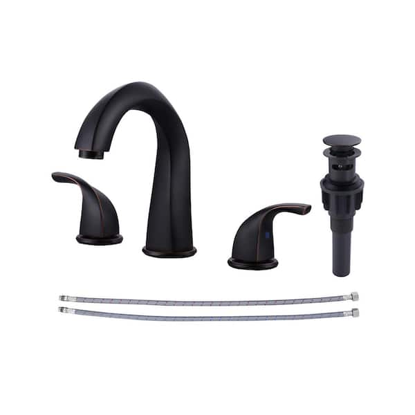 WOWOW 8 in. Widespread Double Handle Bathroom Faucet for 3-Holes with Pop-up Drain Assembly in Oil Rubbed Bronze