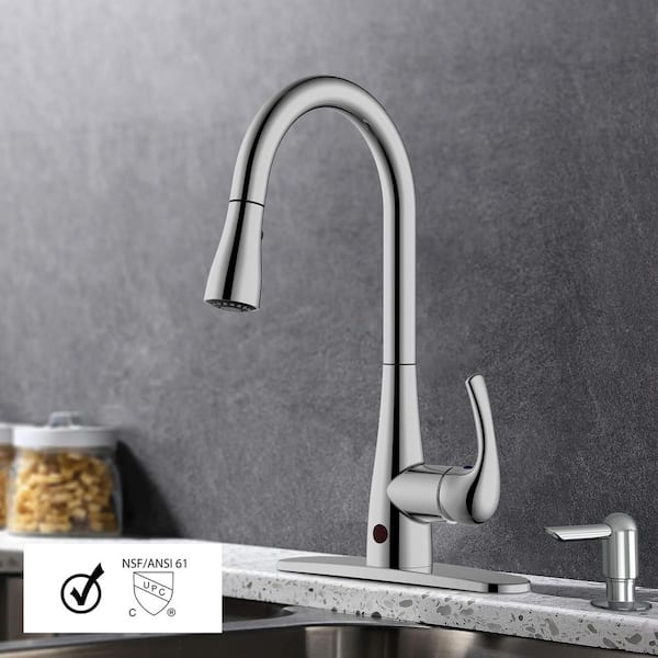 Single Handle Pull-Down Sprayer Kitchen Faucet with Motion Activation and Soap Dispenser in Chrome