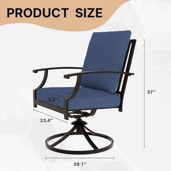 Brown Swivel Metal Outdoor Dining/Side/Restaurant Rocking Chairs with Vertical Back and Navy Blue Cushions (2-Pack)