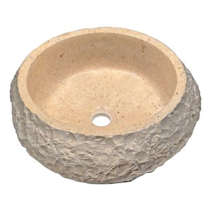 Desert Ash Round Natural Stone Vessel Sink in Classic Cream Marble