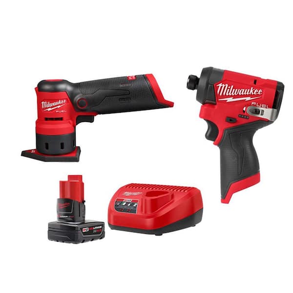 Milwaukee M12 FUEL 12-Volt Lithium-Ion Brushless Cordless Detail Sander & M12 FUEL 1/4 in. Hex Impact Driver w/Battery & Charger