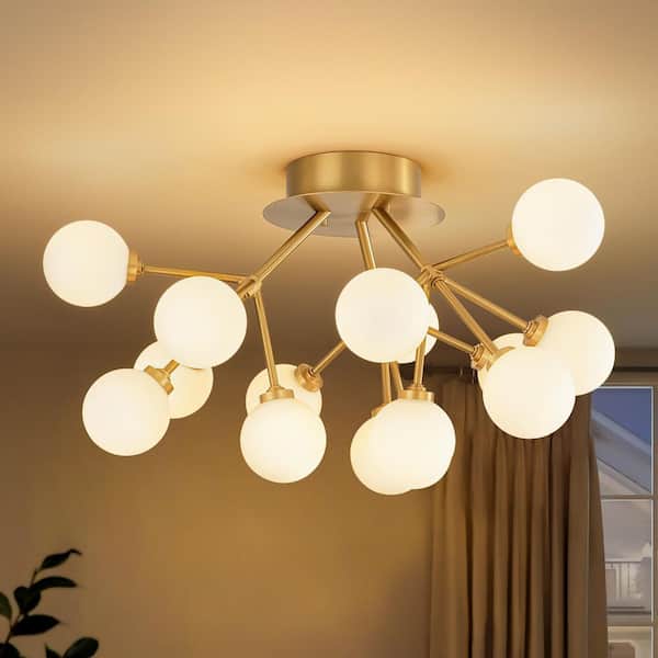 Allegra 15-Light Gold Modern Sputnik Cluster Frosted Opal Glass Globe Bubble Semi-Flush Mount LED Light