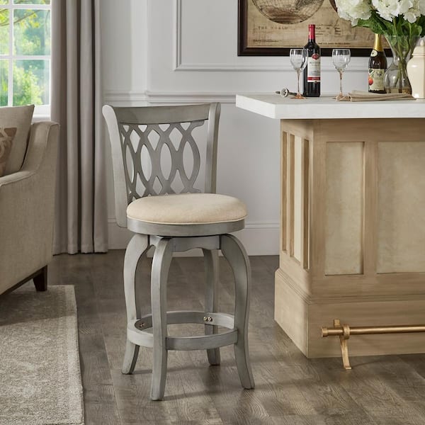 24.75 in. Antique Grey Finish Grey Linen Scroll Back Wood Frame Swivel Counter Stool