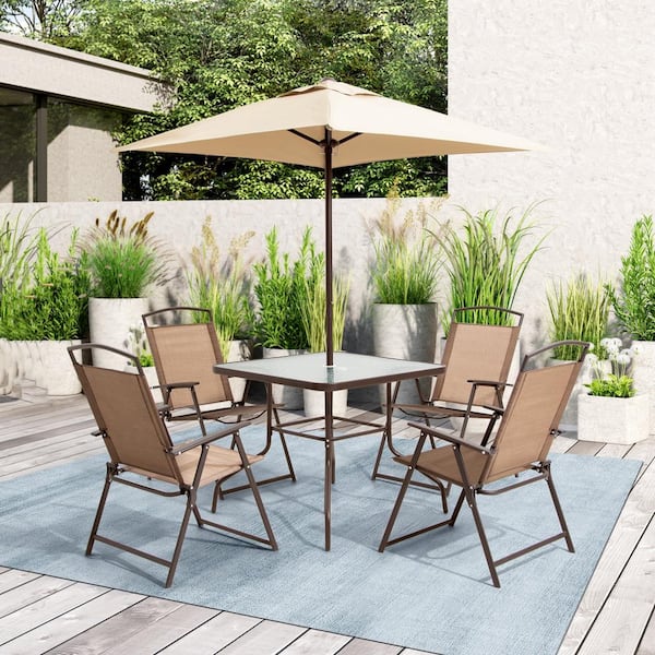 brown patio table 6 seater with umbrella 6-Piece Metal Outdoor Dining Set Dining Table 58.5 in. x 58.5 in. Patio  Umbrella and 4-Foldable Dining Chairs in Brown CL-DC009BRN-N2