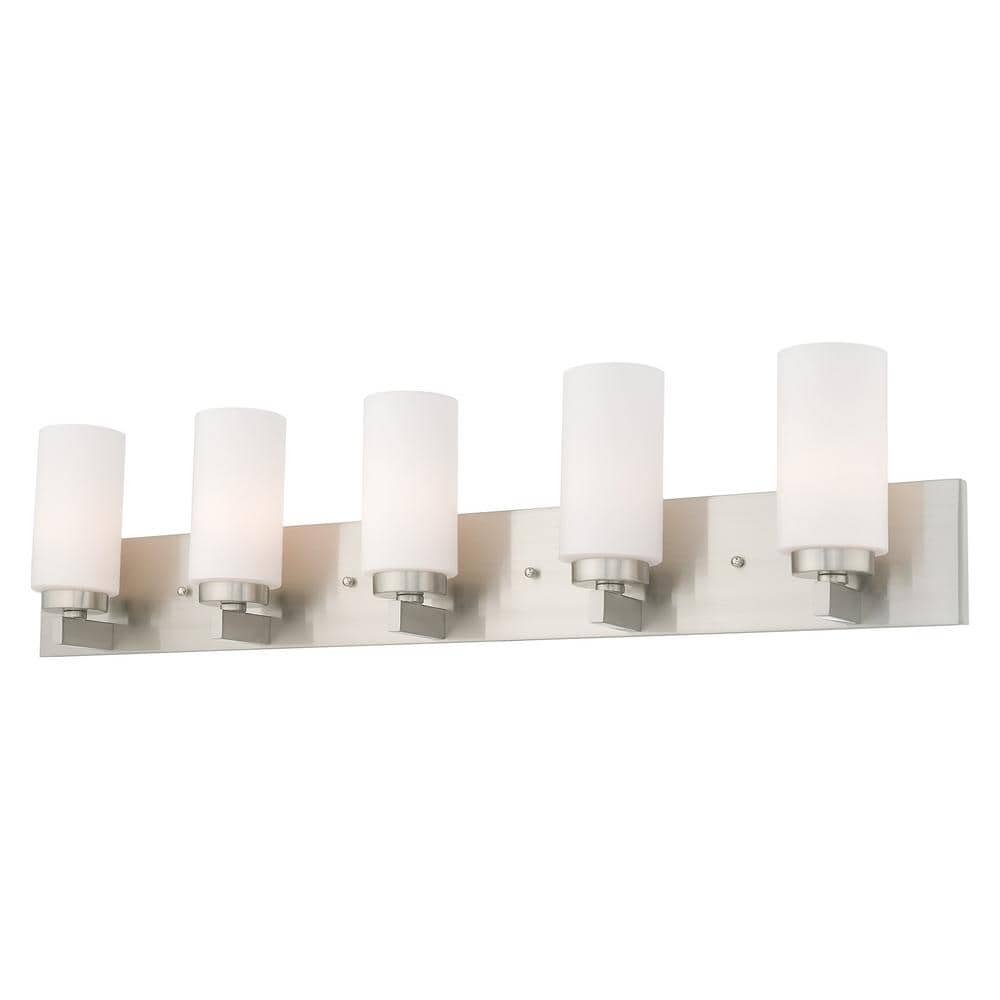 Brushed Nickel 5-Light Bath Vanity with Satin Opal Glass