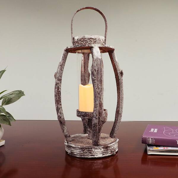 Puleo International 22 in. Tall Round Wooden Lantern with LED Candle