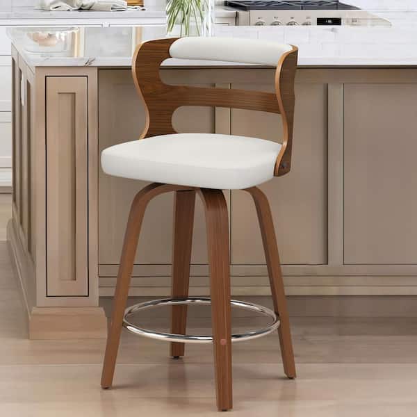cozyman 26 in. White Faux Leather and Walnut Wood Mid-Century Modern Swivel Counter Height Bar Stool (Set of 1)