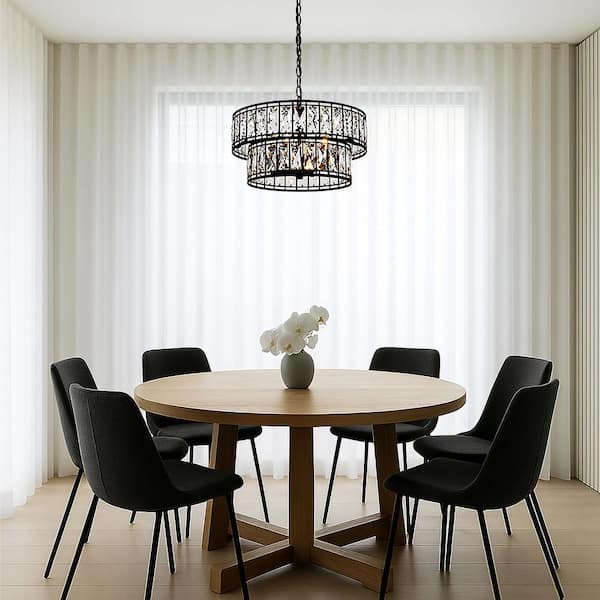 Cristallo Modern 4-Light Black Candlestick Chandelier with Glam 2-Tier Crystal Drum Shade Island Pendant for Living Room