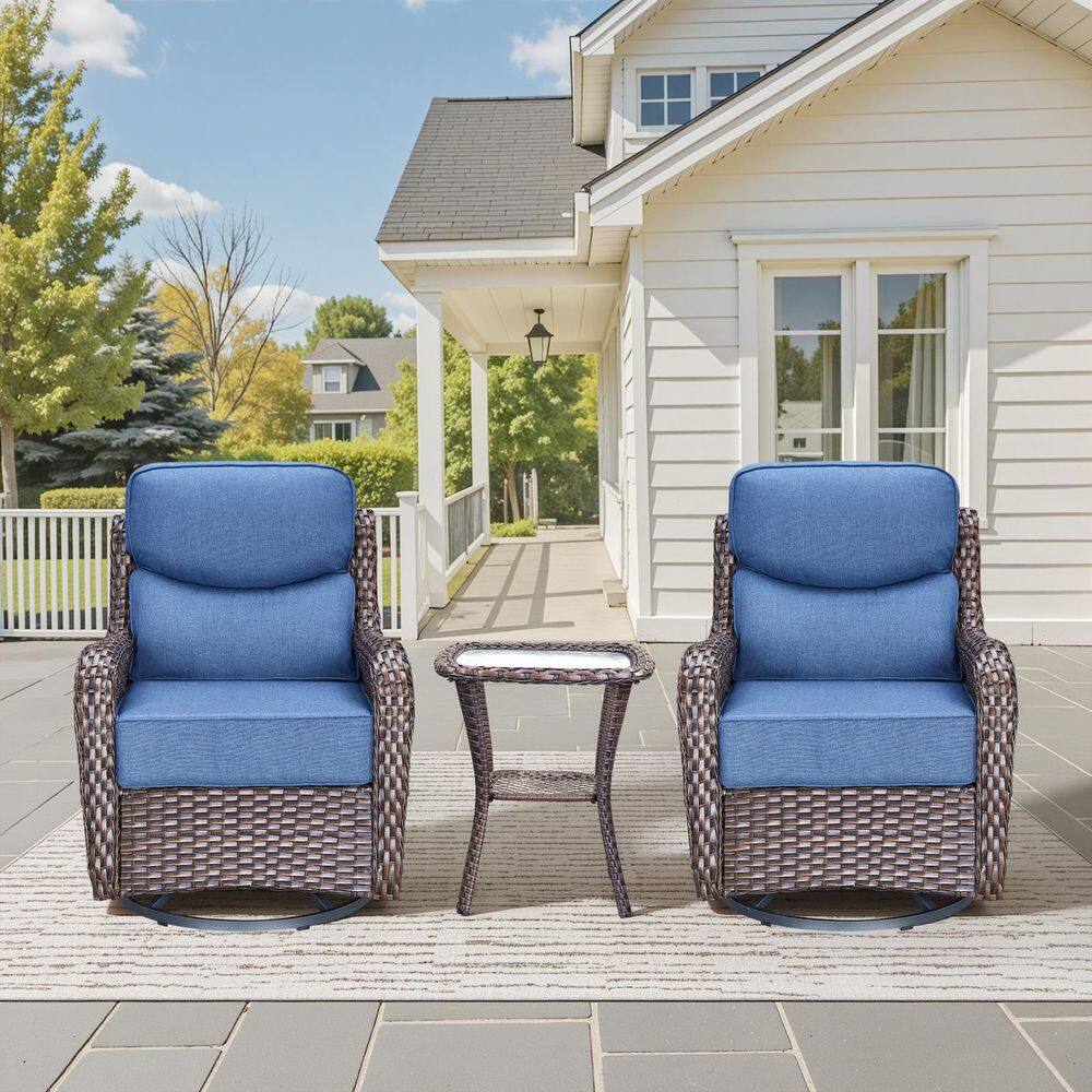 Holion 3-Piece Brown Swivel Glider Wicker Outdoor Rocking Chair Set with 6 in. Thick Blue Cushions and Side Table price history on PriceWatchPro