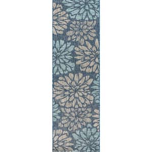 Zinnia Modern Navy/Aqua 2 ft. x 10 ft. Floral Textured Weave Indoor/Outdoor Runner Rug