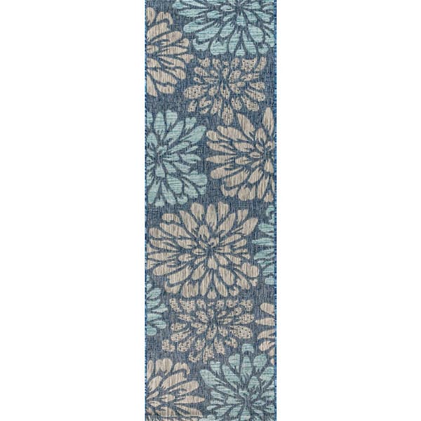 Zinnia Modern Navy/Aqua 2 ft. x 10 ft. Floral Textured Weave Indoor/Outdoor Runner Rug