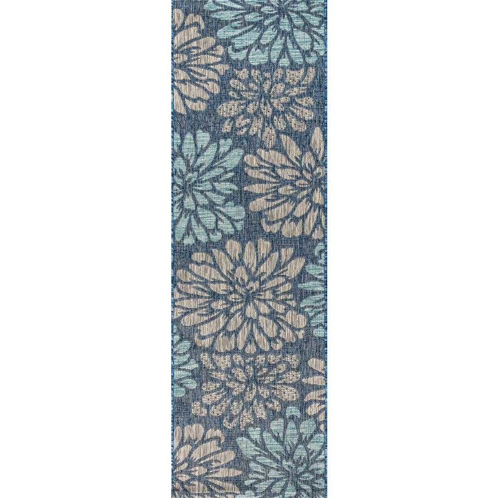 Navy and Aqua Floral Flat Woven Runner Rug