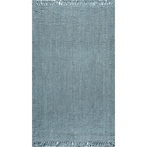 Pata Hand Woven Chunky Jute with Fringe Light Blue/Gray 10 ft. x 13 ft. Area Rug
