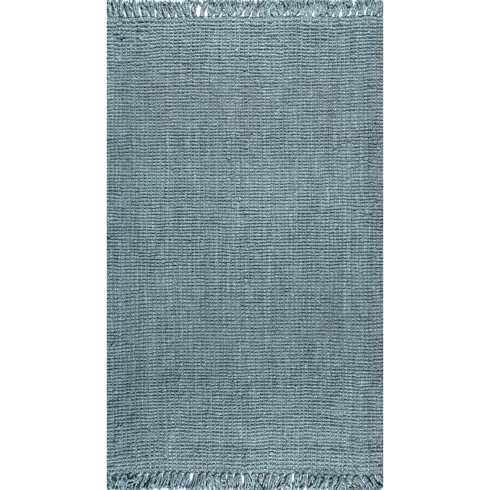 Handwoven Light Blue/Gray Chunky Jute Rug with Fringe - 5x8 Feet
