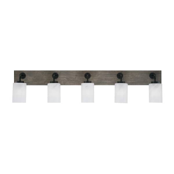 Unbranded Kirby 46.5 in. 5 Light Black and Painted Wood-look Vanity Light with 4 in. White Marble Glass Shades No Bulbs Included