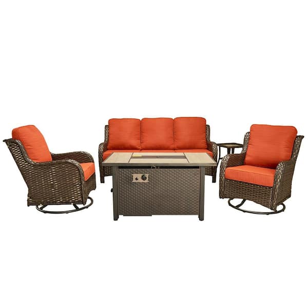 Halcyon 5 Pieces Wicker Outdoor Patio Rectangular  Fire Pit Set and Swivel Rocking Chairs with Orange Red Cushions