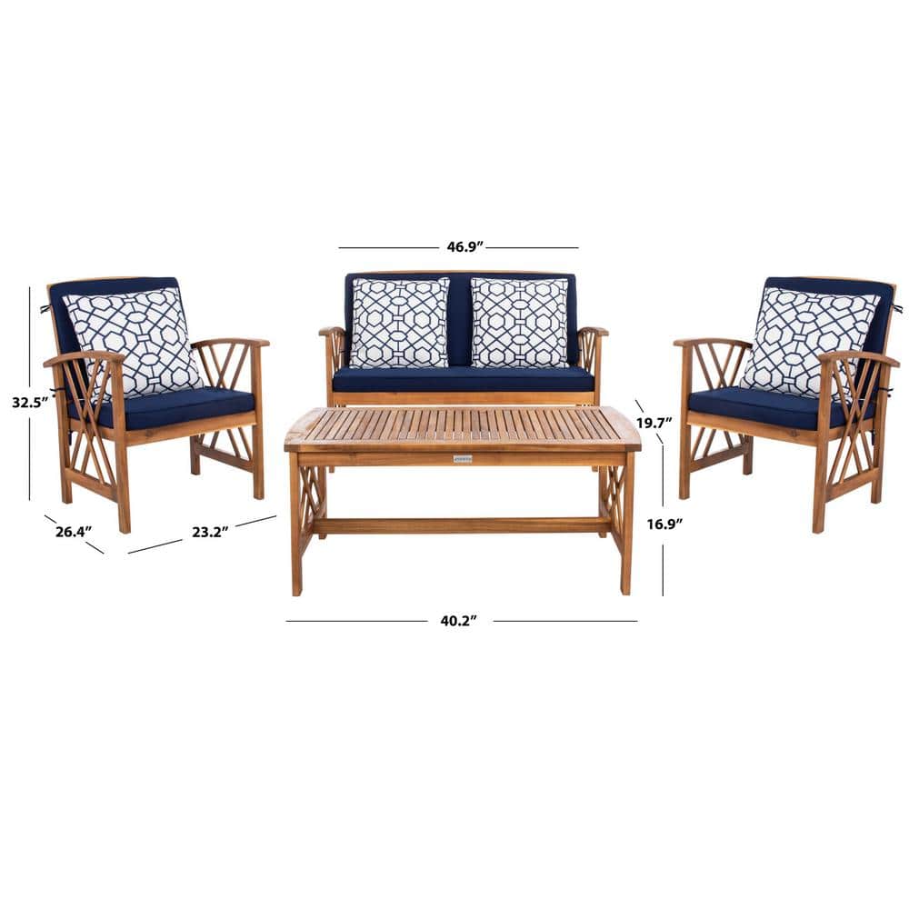 Fontana Natural Acacia Wood 4-Piece Patio Conversation Set with Navy Cushions