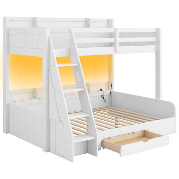 White Twin over Full Bunk Bed with Storage Shelves, Drawer, LED Light and Charging Station