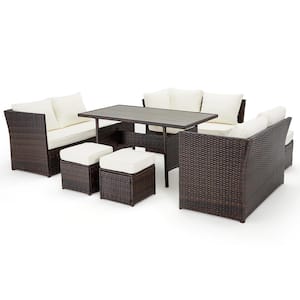 7--Piece Brown Wicker Outdoor Patio Sectional Sofa Conversation Set with Beige Cushions, 3 Ottomans and 1 Coffee table