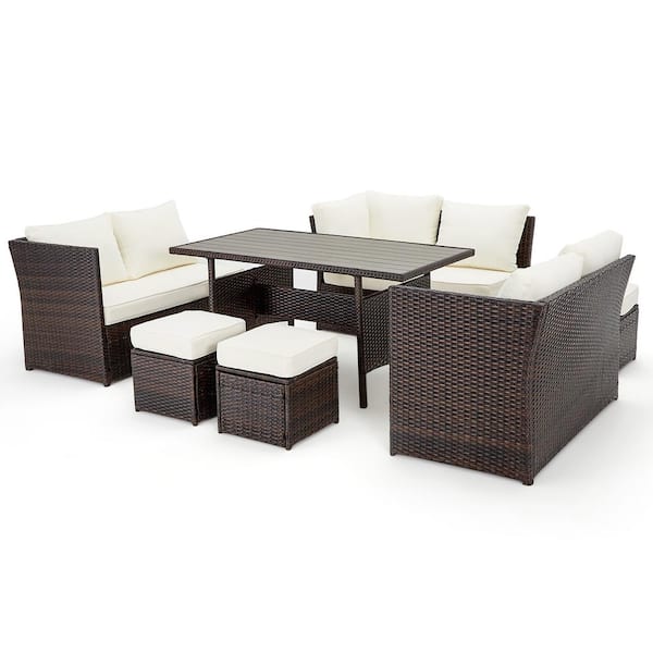 Zeus & Ruta 7--Piece Brown Wicker Outdoor Patio Sectional Sofa Conversation Set with Beige Cushions, 3 Ottomans and 1 Coffee table