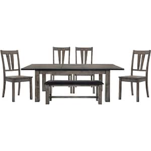 Bramble Hill 6-Piece Weathered Gray Dining Set with Expandable Table, 4-Wood-Seat Side Chairs and Faux-Leather Bench