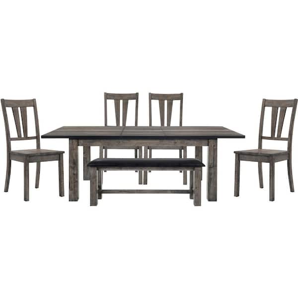 Hanover Bramble Hill 6-Piece Weathered Gray Dining Set with Expandable Table, 4-Wood-Seat Side Chairs and Faux-Leather Bench