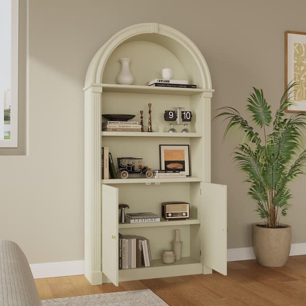 71 in. Tall Beige Finished Wood 5-Shelf Bookcase with Close Back, Open Shelves, 2 Doors and  Arched Top